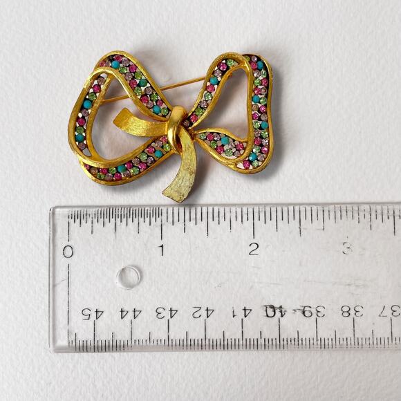 VtG 60s Signed KRAMER Bow Brooch MultiColor Glass Rhinestone Mid Century 2.25” - Picture 2 of 8